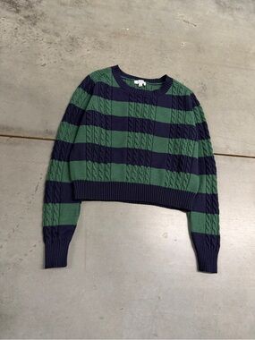 Orange Kiss Essentials Green & Navy Striped Cable Knit Sweater M